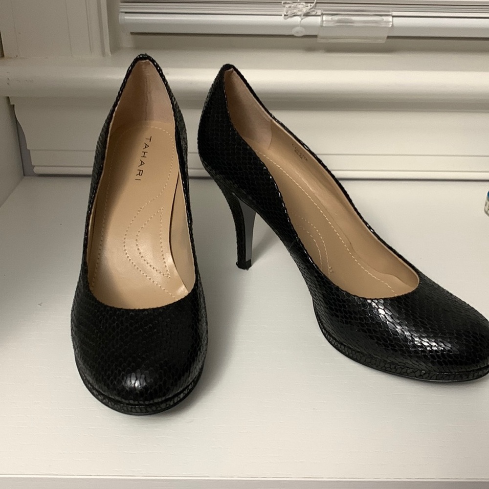 Black Faux Snakeskin Pumps
